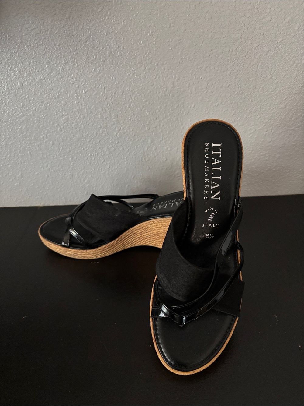 Italian Shoemakers Black Wedge Sandals with Espadrille-Style Heel